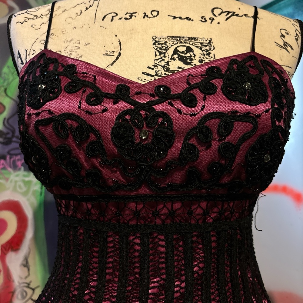 Vintage size 4 stretchy pink and black beaded dress with sequin detailing.
